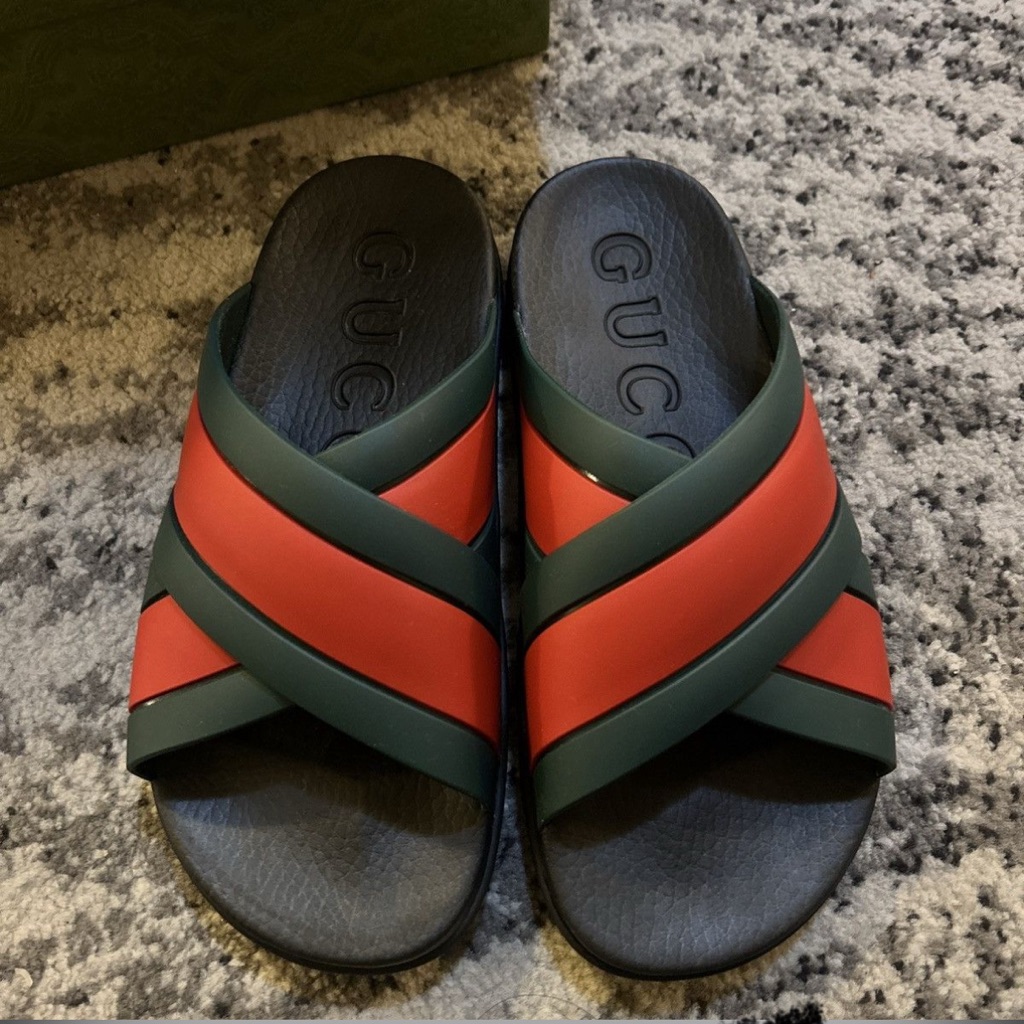 Gucci Green & Red Crossband Rubber Slide Sandals